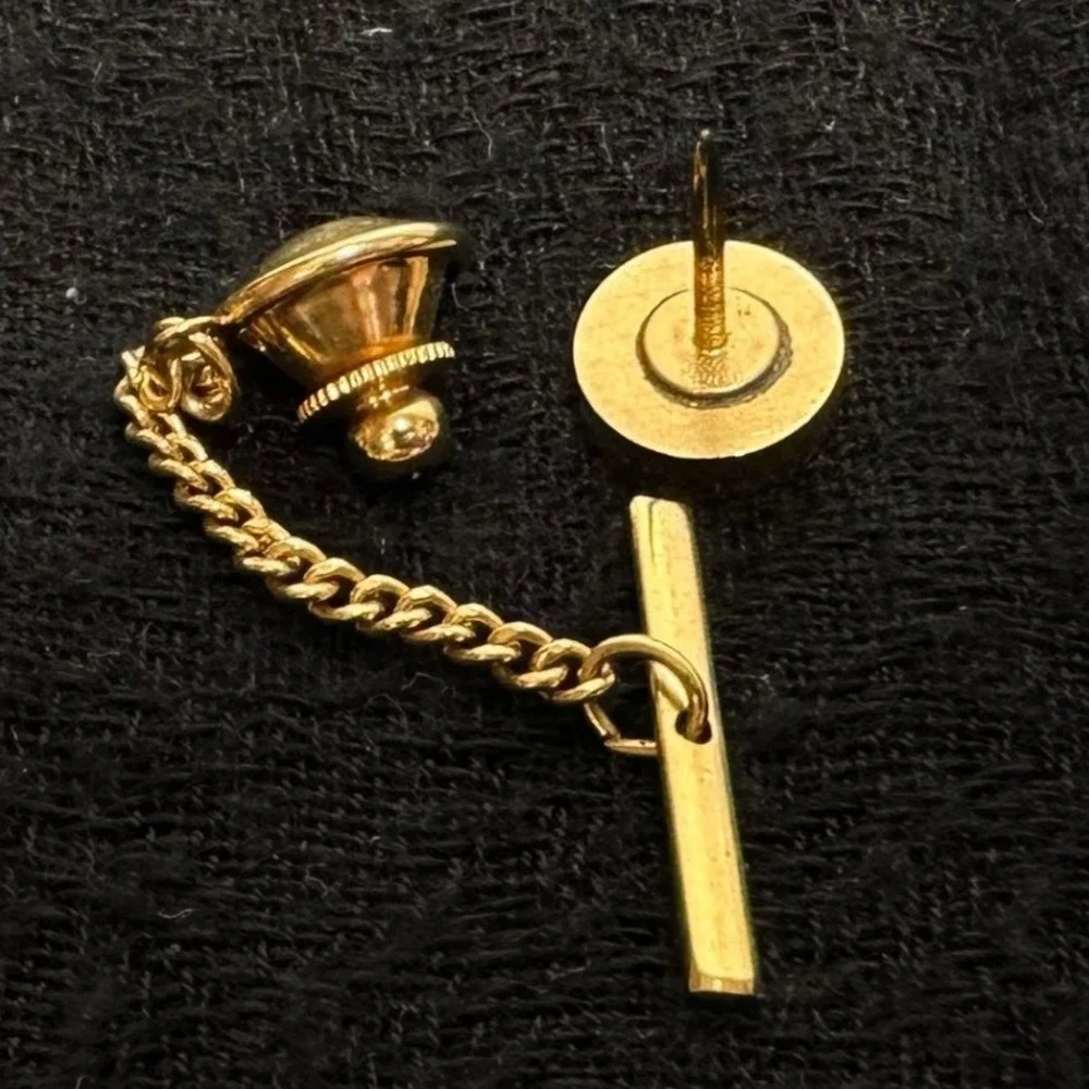 Vintage‎ Tie Tack Mens Gold Tone w/Black Cabochon Sunburst Chain